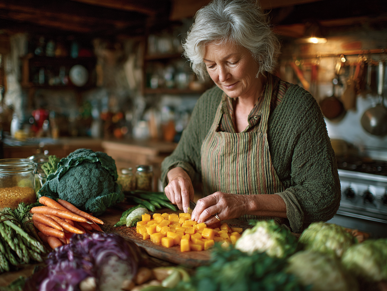Старша жінка готує здорову їжу на кухні